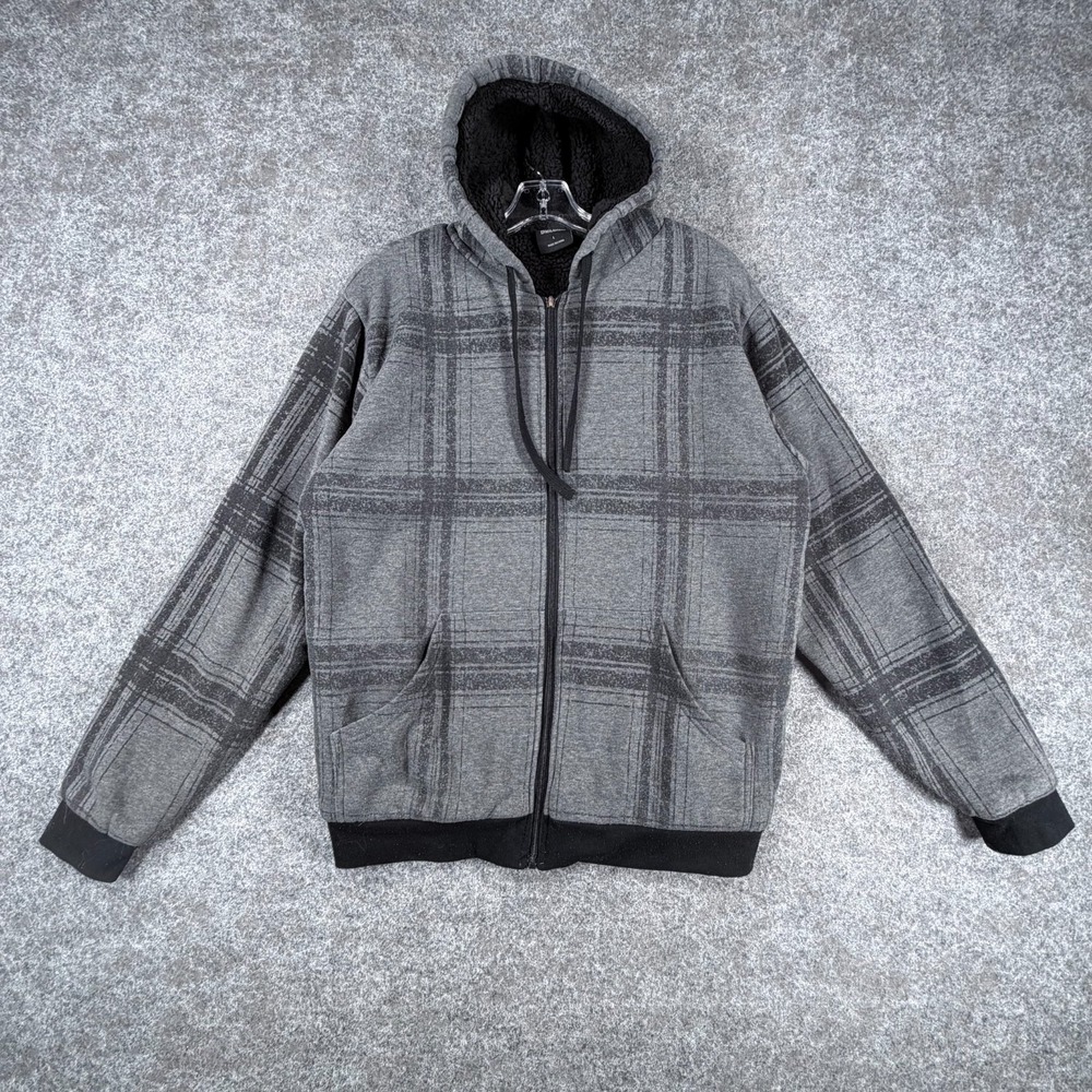 Original Deluxe Hoodie Mens L Gray Plaid‎ Sherpa Lined Full Zip Kangaroo Pocket